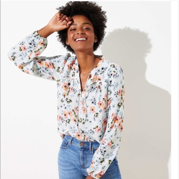 LOFT Tops - NWT LOFT Floral Shirred Split Neck Blouse Top